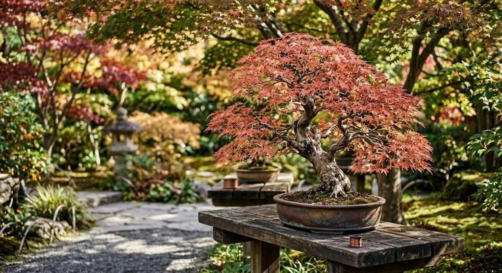 Acer palmatum japanese maple bonsai leaves changing color in autumn