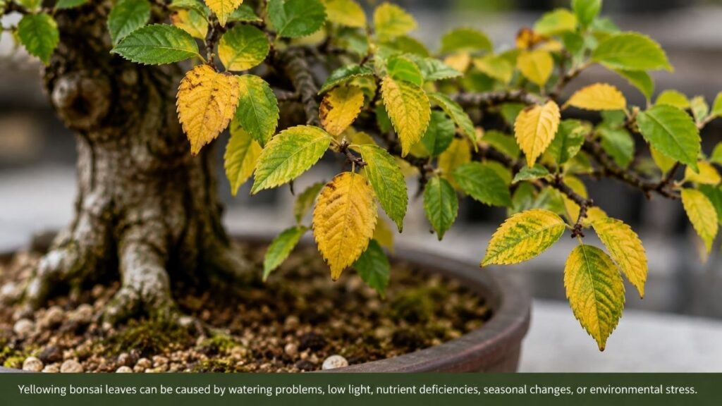 bonsai leaves turning yellow close up