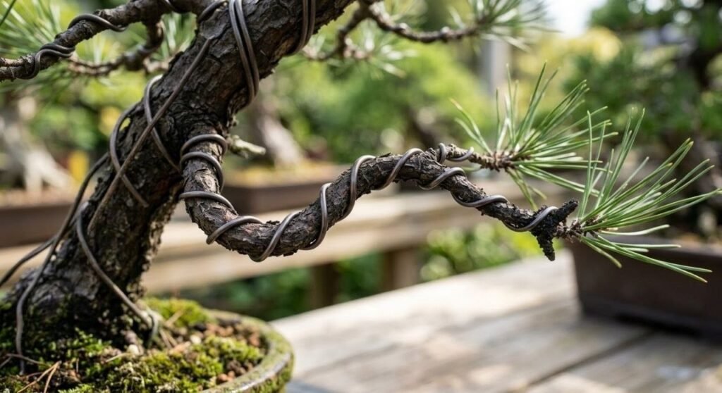 Aluminum wire wrapped on a branch during bonsai training