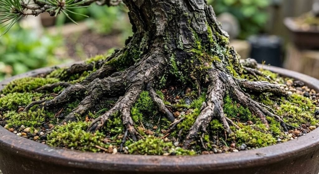 Close-up of nebari surface roots on a japanese acer bonsai trunk