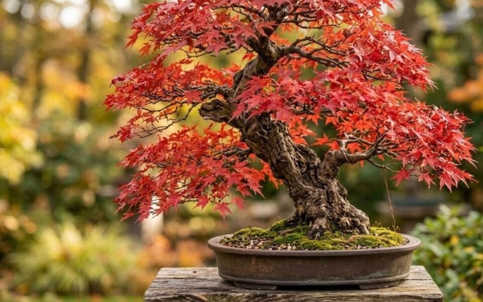 Mature acer palmatum japanese maple bonsai with red autumn leaves in a ceramic pot