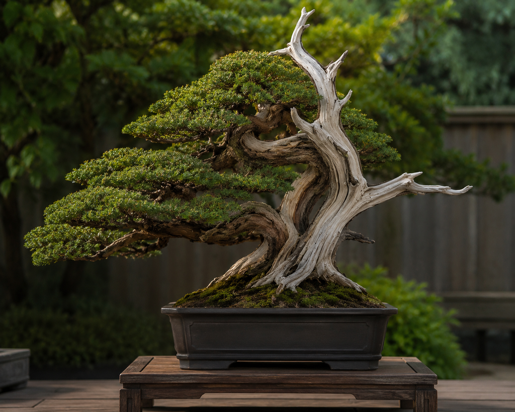 Finished bonsai tree showing how to create deadwood on bonsai jin and shari result