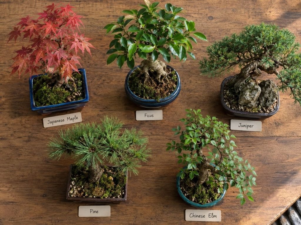 Japanese Maple, Pine, Juniper, and Chinese Elm bonsai grown from seed side by sid