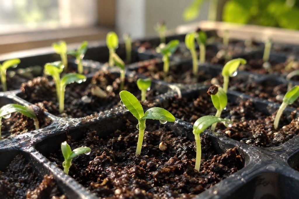 bonsai tree seedlings sprouting in a germination tray