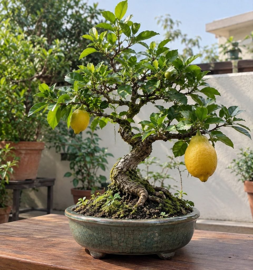 fruiting lemon bonsai tree with full-sized lemons in a glazed pot