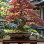 mature Japanese Maple bonsai tree with red foliage in a garden setting