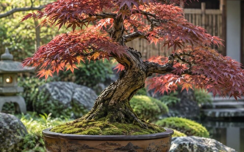 mature Japanese Maple bonsai tree with red foliage in a garden setting