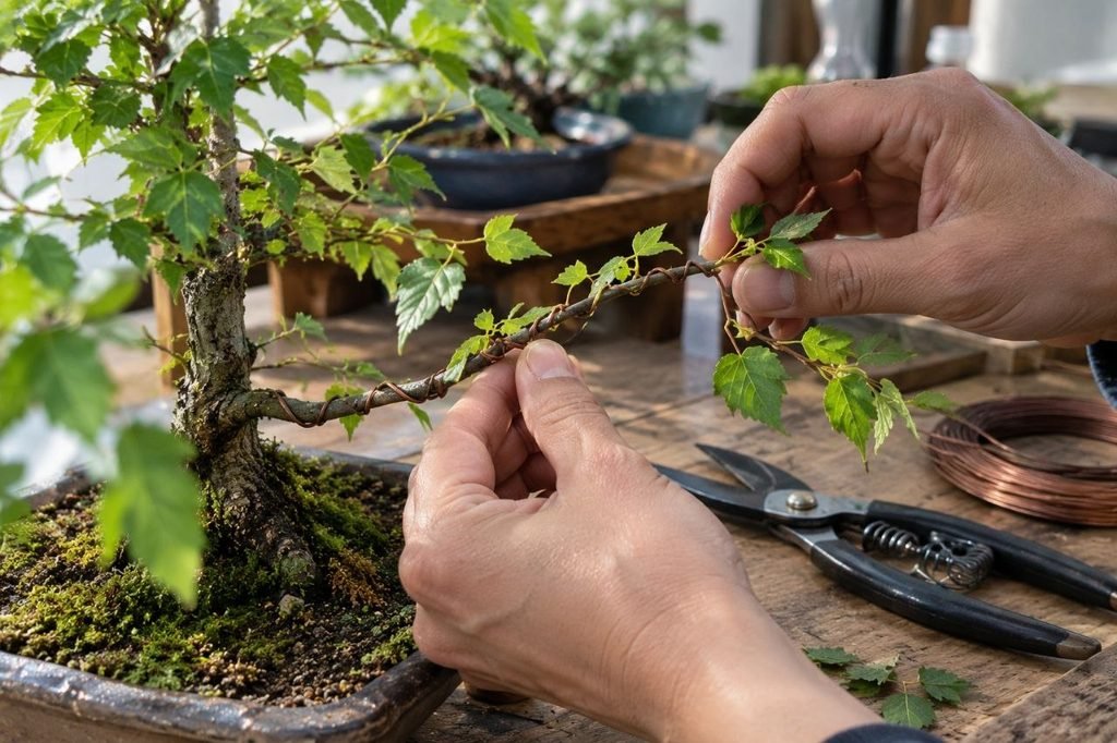 hands pruning new growth on a young bonsai tree
