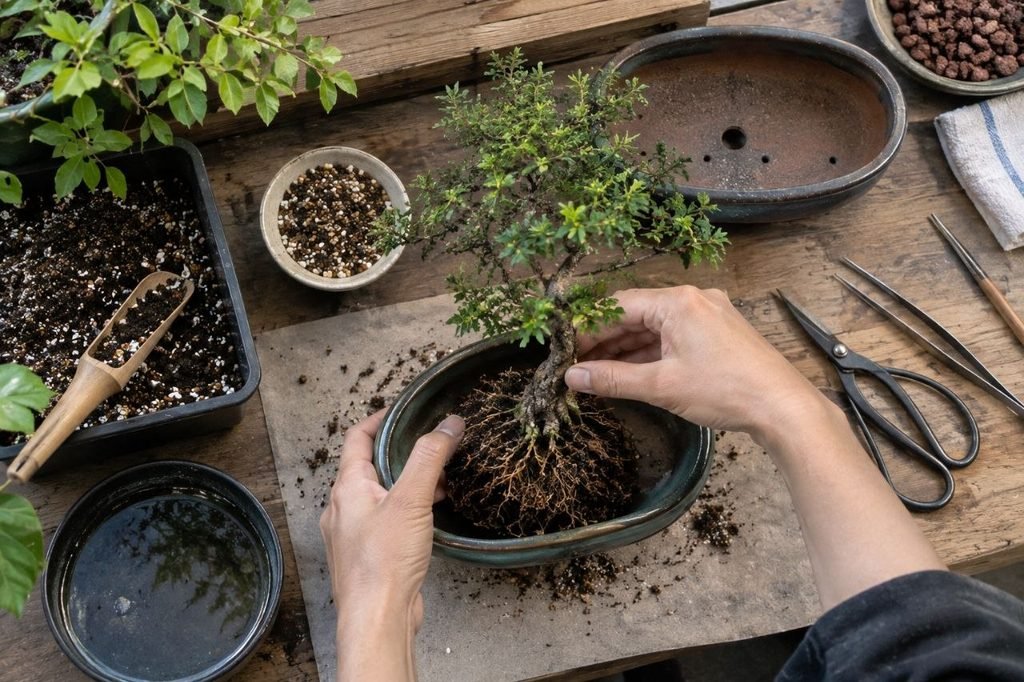 repotting a young bonsai tree into a training po
